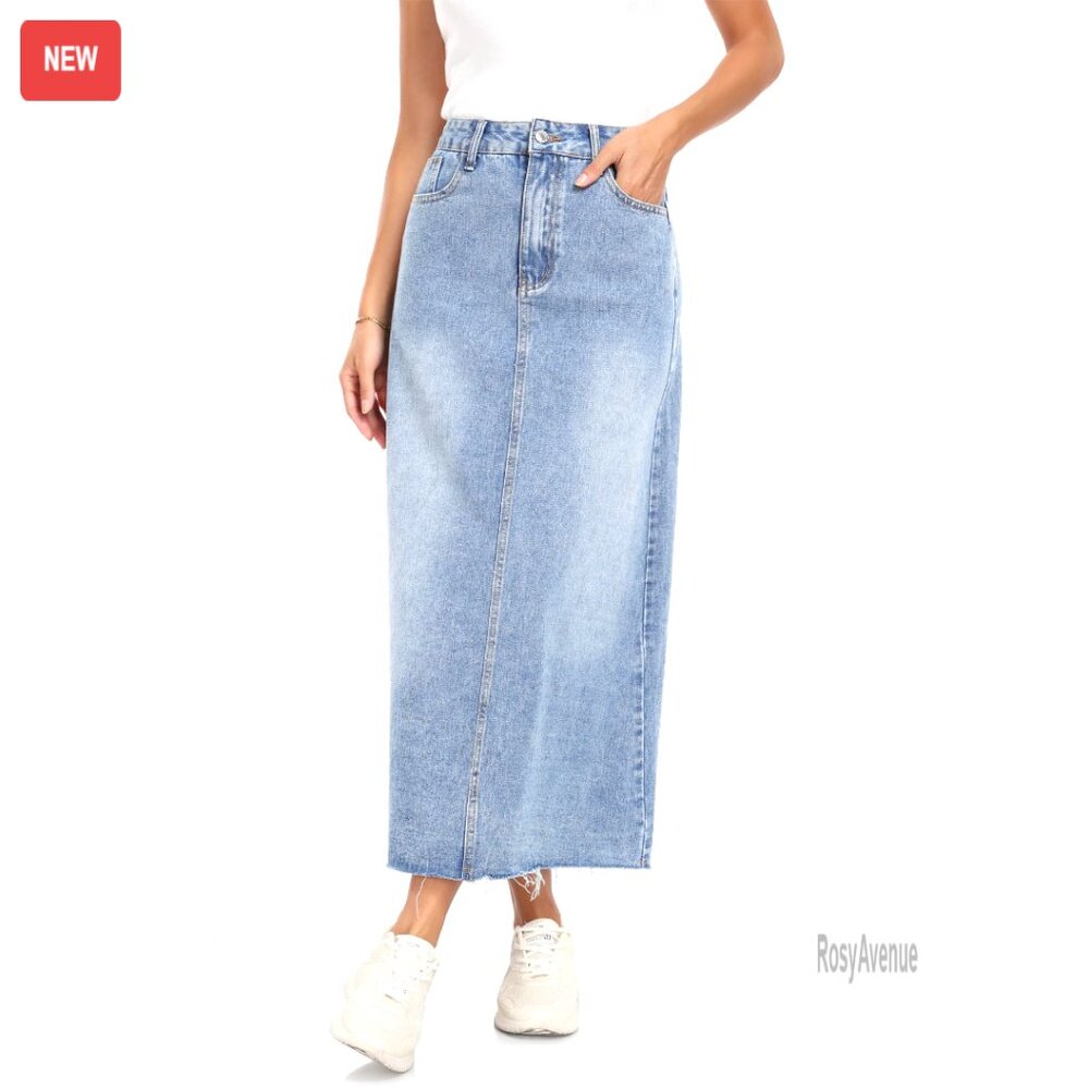 Stretch Denim Midi Skirt High Waist Raw Hem Pockets A-Line